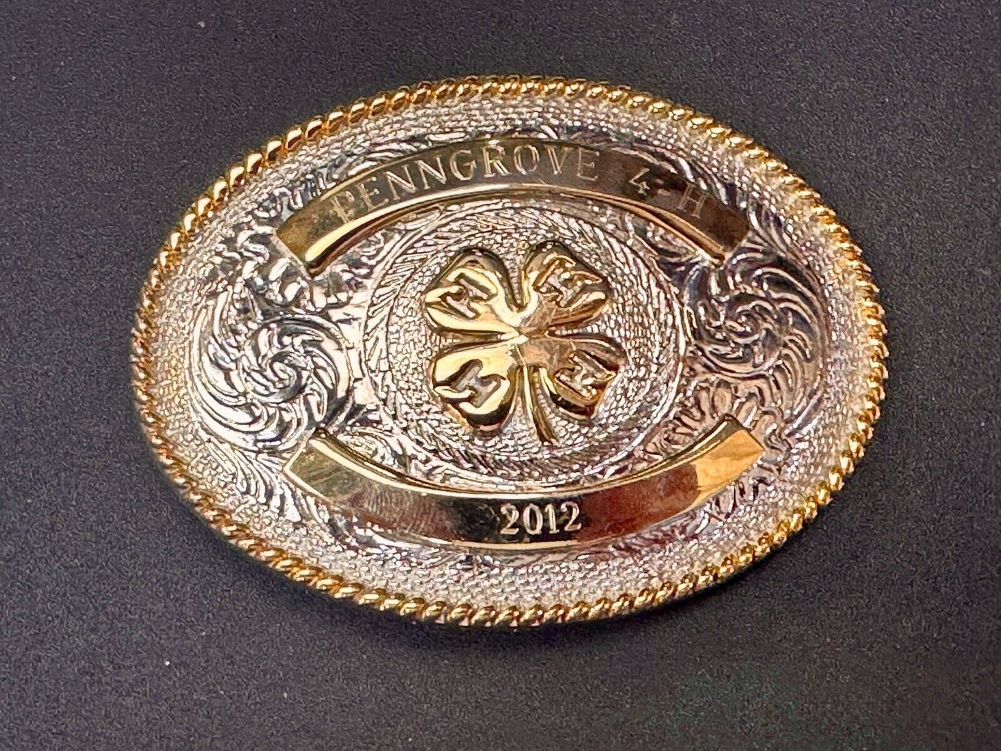 4h emblem logo  Engraved trophy style 2012 western two tone belt buckle