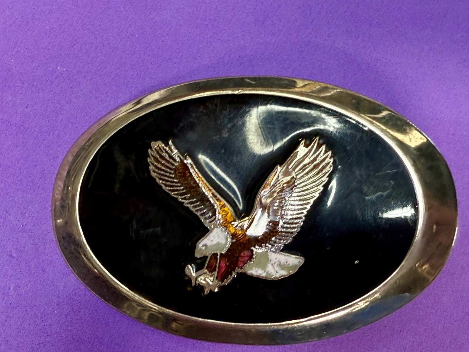 American Bald Eagle Flying Hunting Claws Black Enameled Western Oval Belt Buckle
