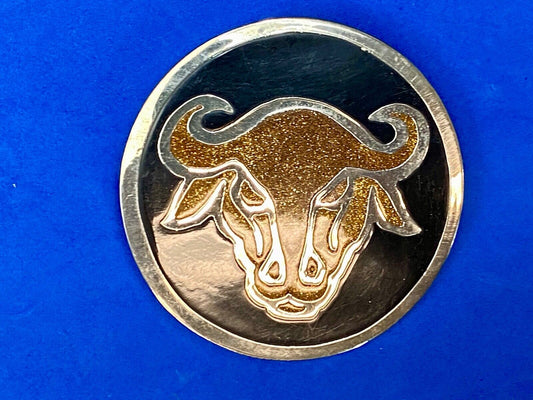 Vintage 1979 round western rodeo steer longhorn cow? belt buckle by PSS