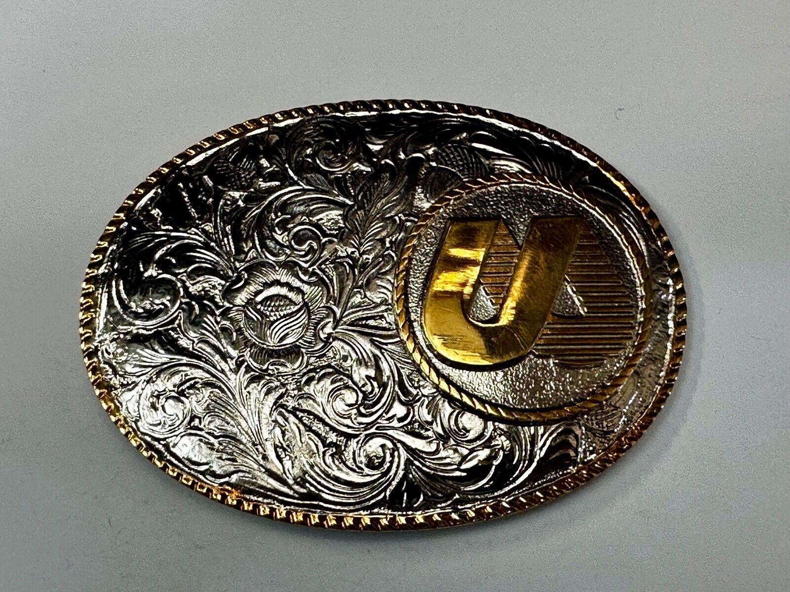 UA Company Logo Floral Flower Design Gold & Silver Tone Vintage Belt Buckle