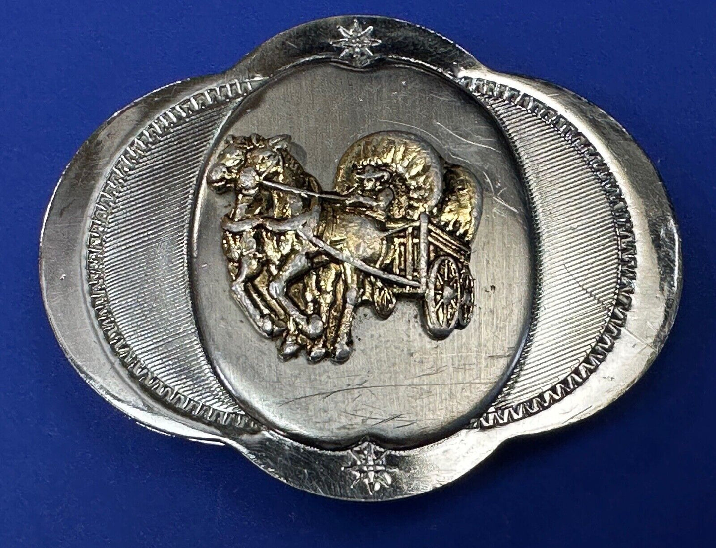 Vintage Horse Drawn Covered wagon on ornate western two tone belt buckle