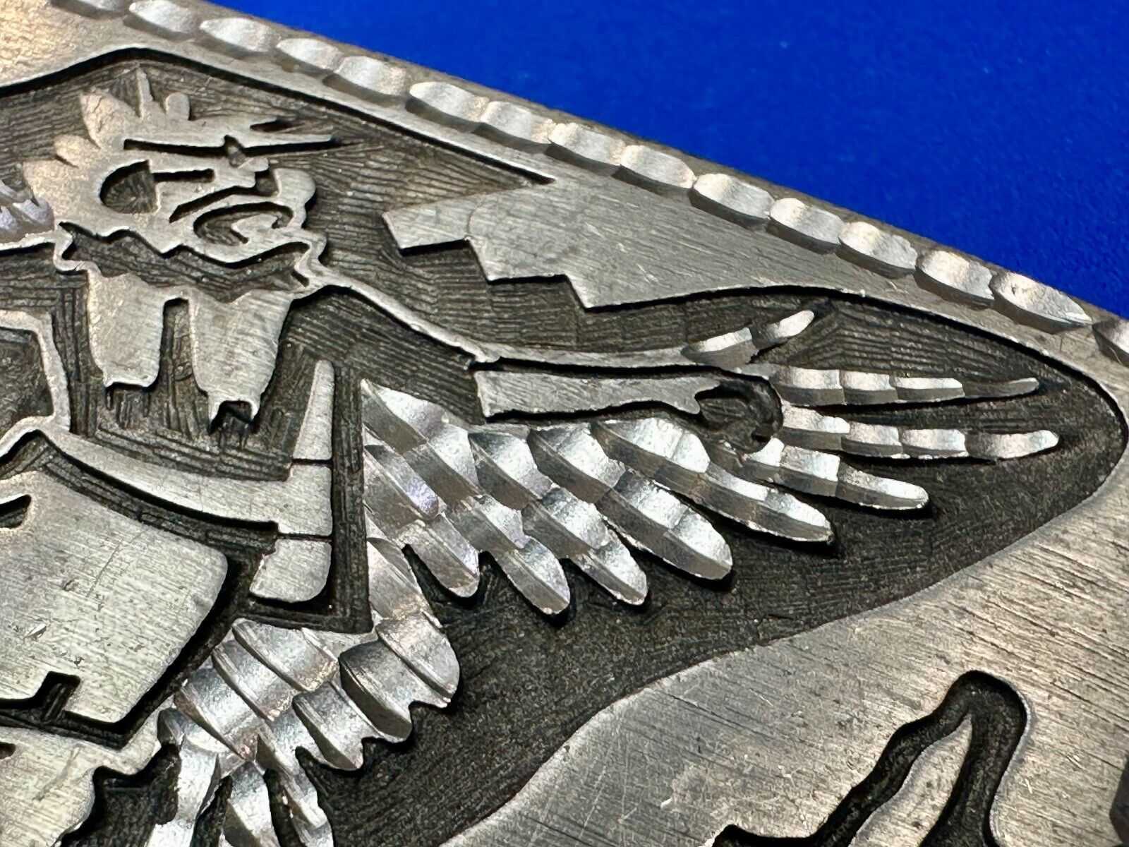 Unique Carving Ancient Mayan God Man Wings etched pewter vintage belt buckle