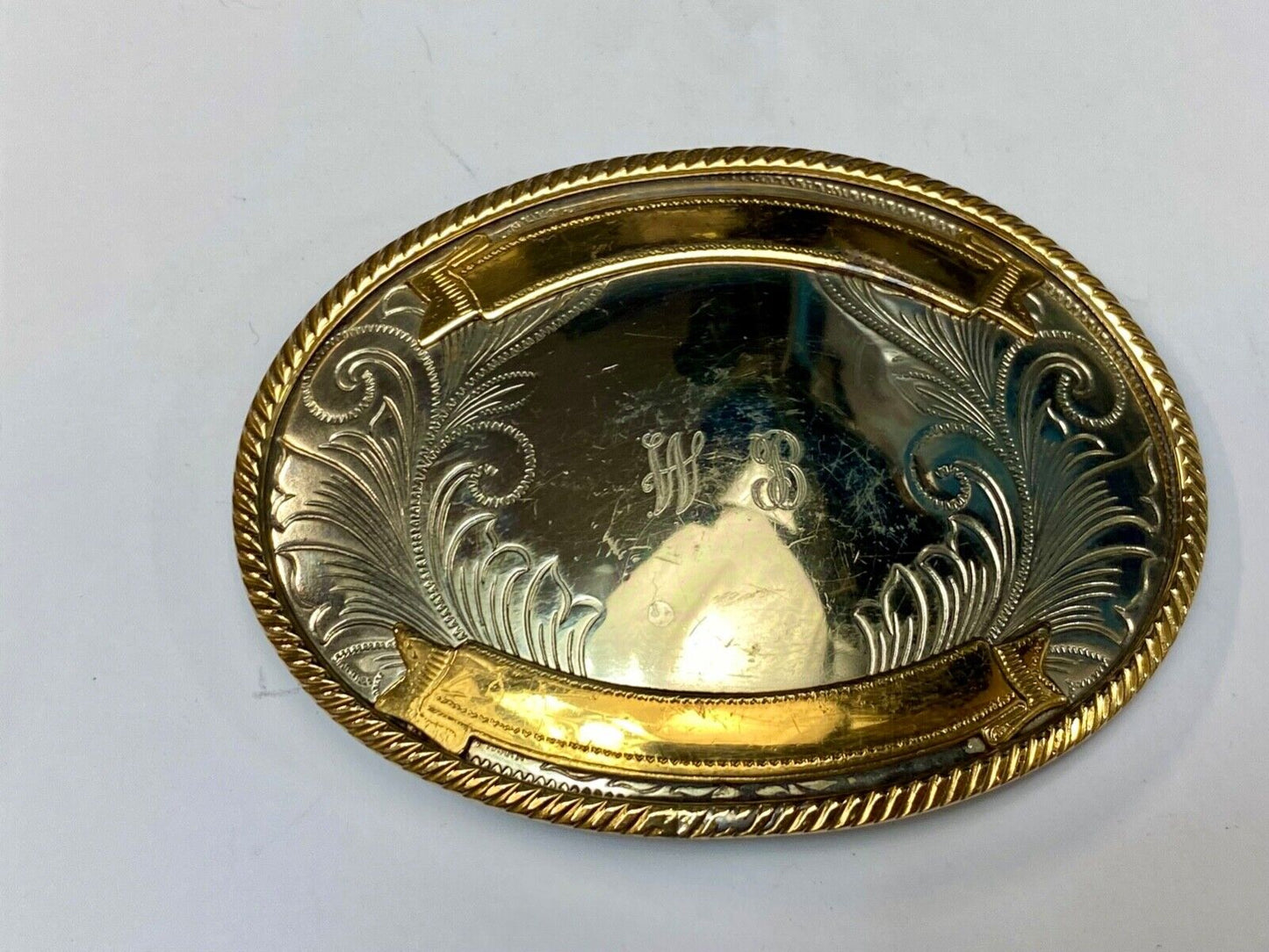 Vintage German Silver two tone rodeo award trophy style engraved belt buckle