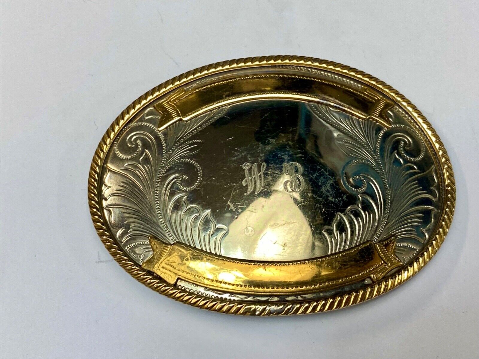Vintage German Silver two tone rodeo award trophy style engraved belt buckle