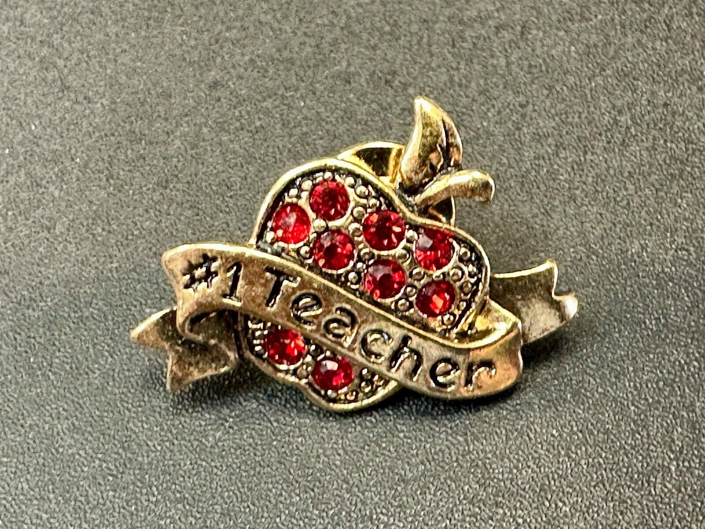 Apple Brooch Pin #1 Teacher Red Rhinestone Avon signed gold tone brooch
