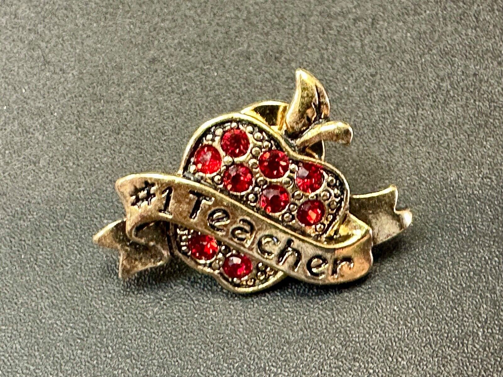 Apple Brooch Pin #1 Teacher Red Rhinestone Avon signed gold tone brooch