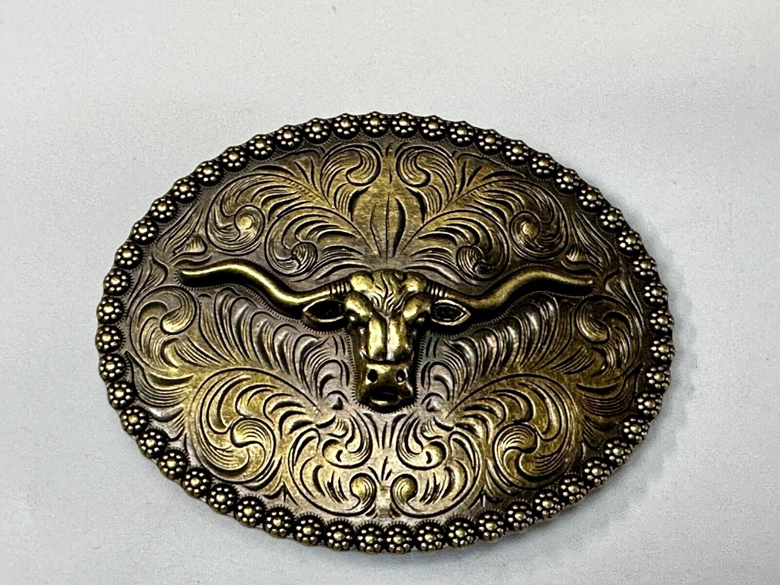 3.5" Wide Texas Longhorn Ornate Engraved Swirl Belt Buckle With Flower Boarder