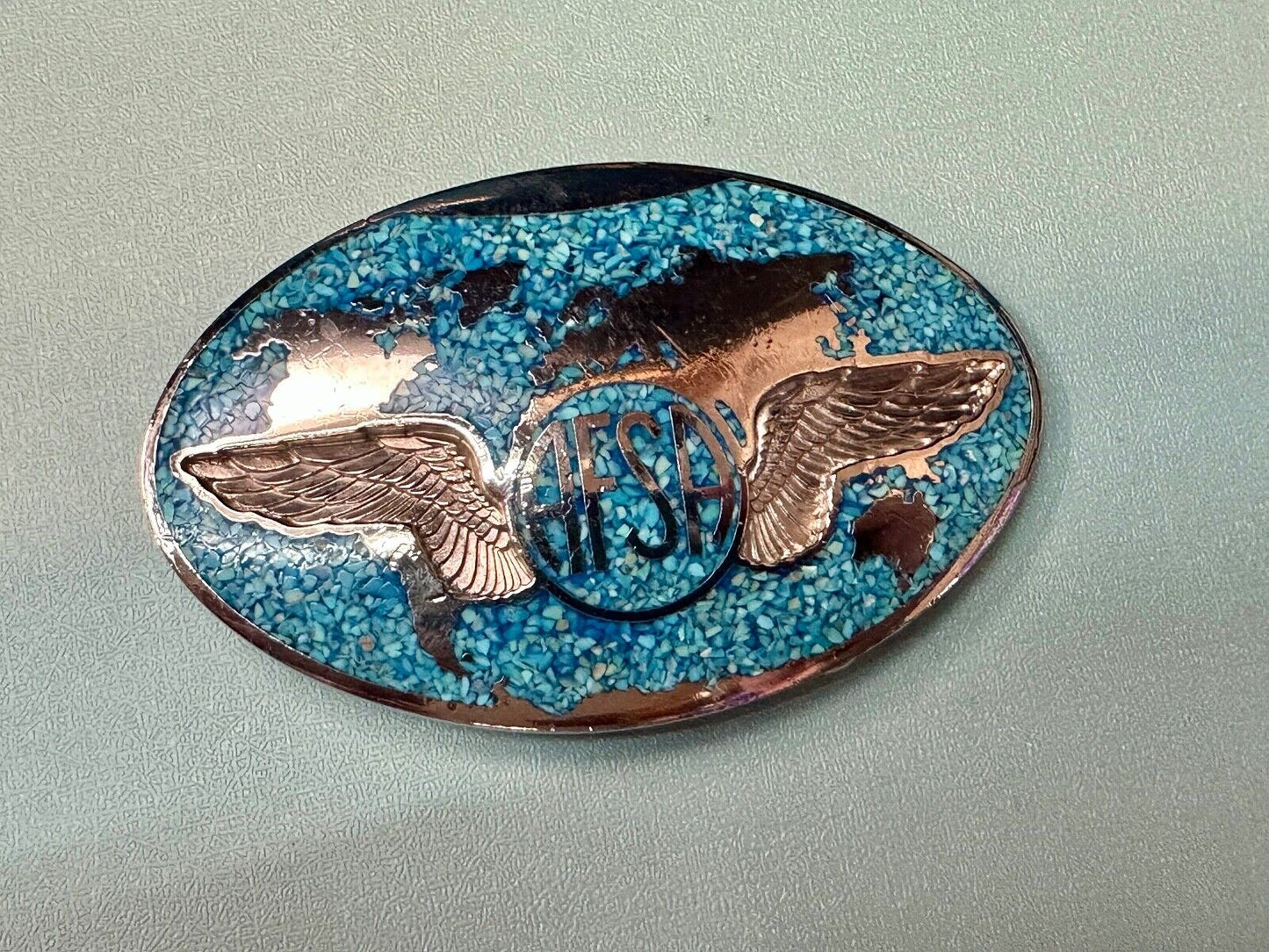 Air Force Sergeants Association AFSA Turquoise Chip inlaid oval belt buckle