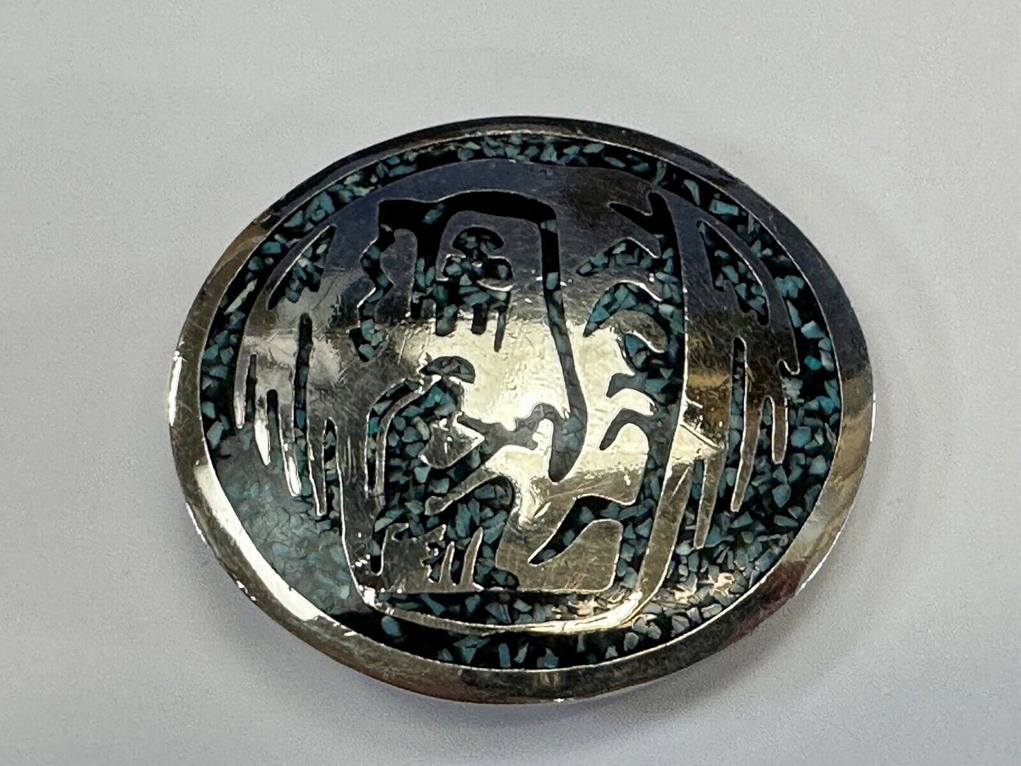 Artisan Inlaid Turquoise chip Beautiful Art pc. Vintage belt buckle marked 1980