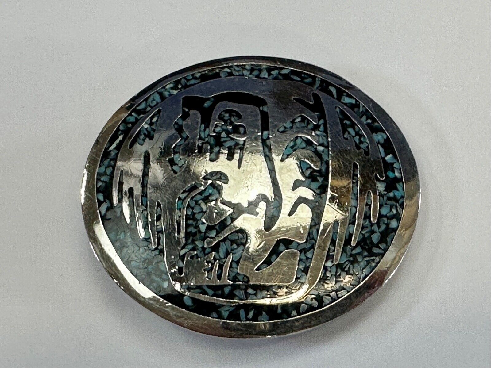 Artisan Inlaid Turquoise chip Beautiful Art pc. Vintage belt buckle marked 1980