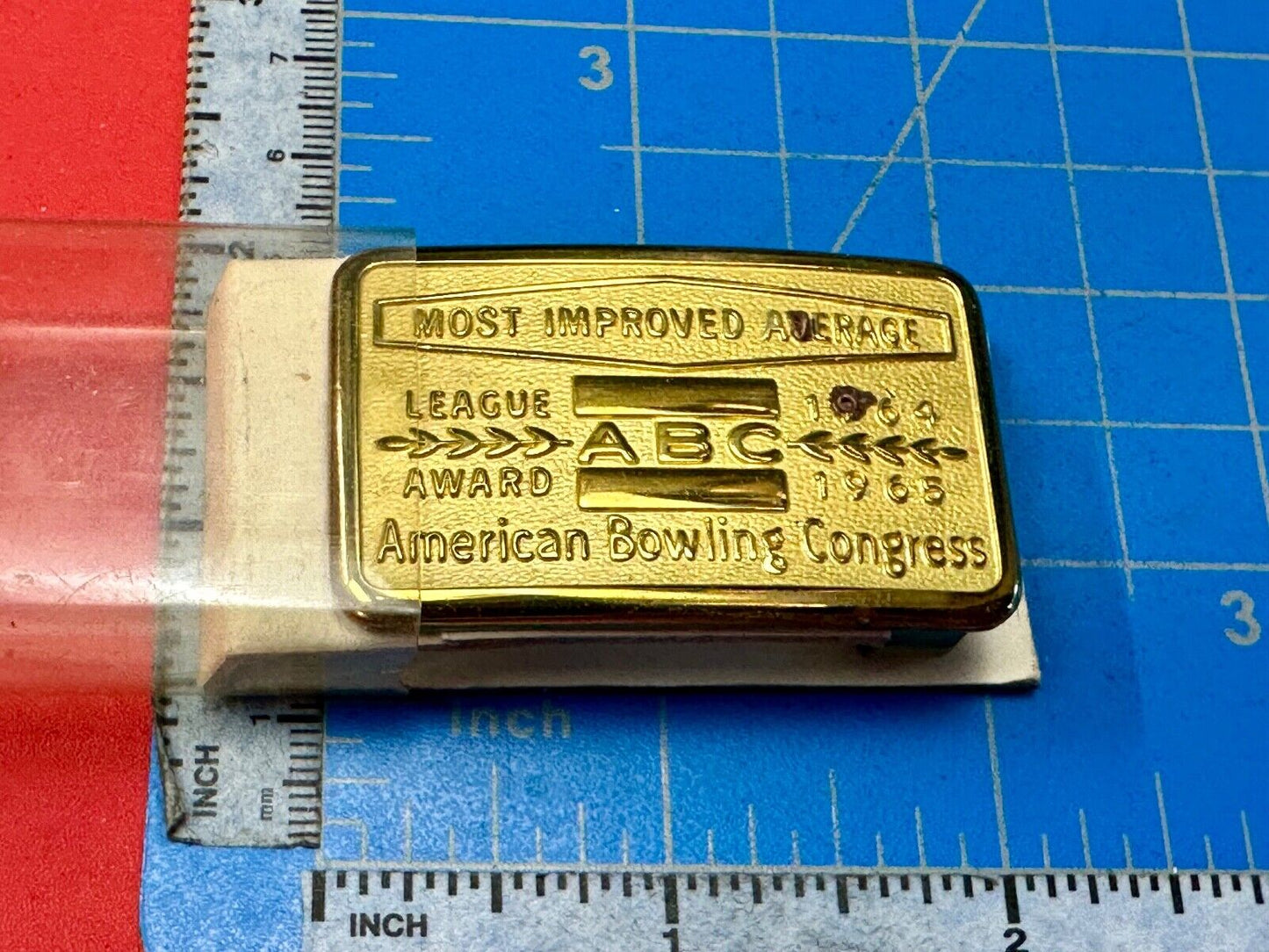 ABC Bowling League Award NOT engraved most improved trophy  1964 belt buckle