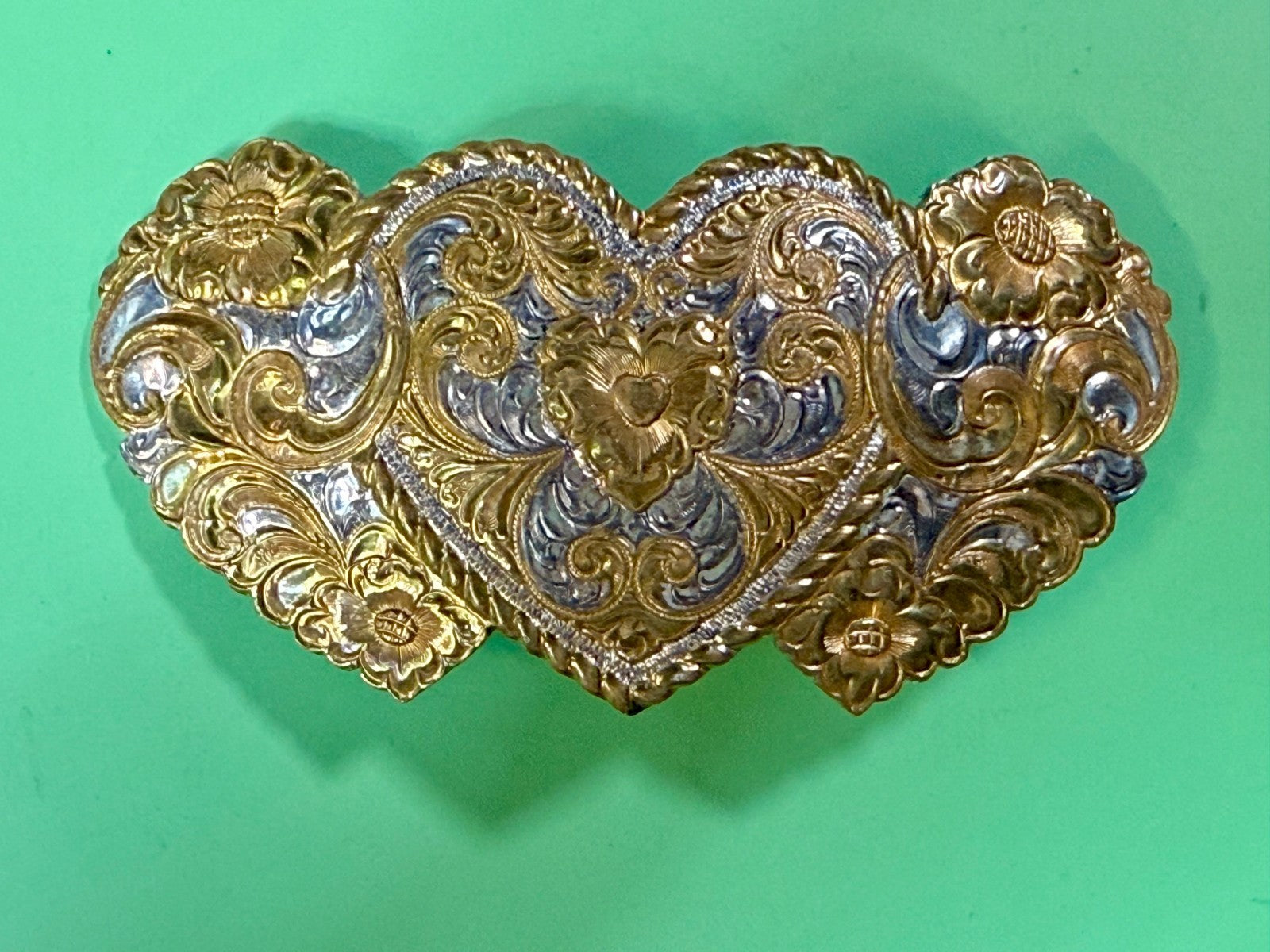 Triple Heart Shaped Heavy Silver Plate on Jewelers' Bronze Crumrine Belt Buckle