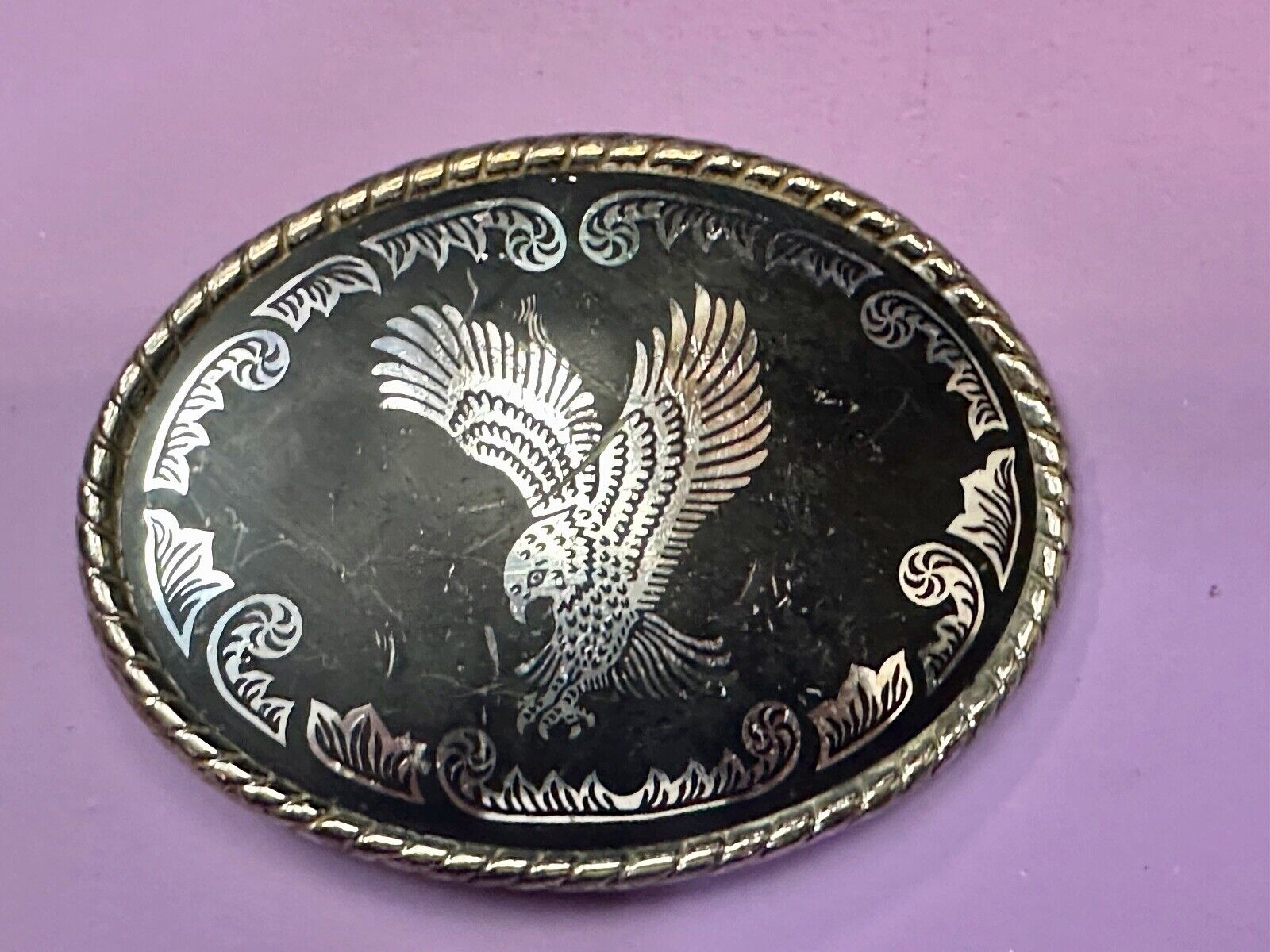 American Eagle black & silver tone Mixed metal vintage belt buckle marked W