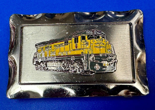 Union Pacific Yellow Train Rail Road Steam Engine silver tone vtg.  belt buckle