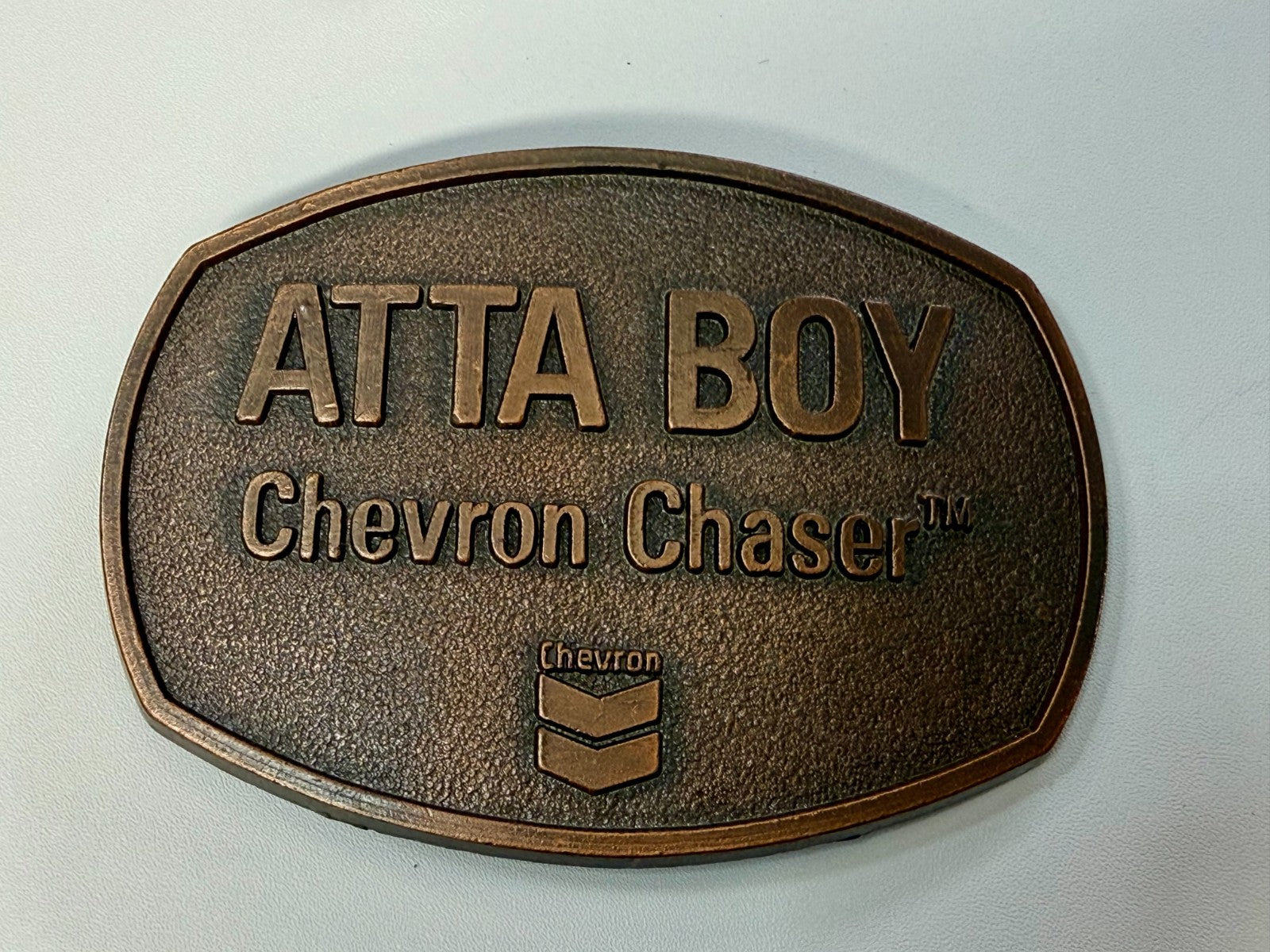 ATTA BOY Chevron Chaser Fuel Oil Mine Industry Rough Neck NOS Vtg. Belt Buckle