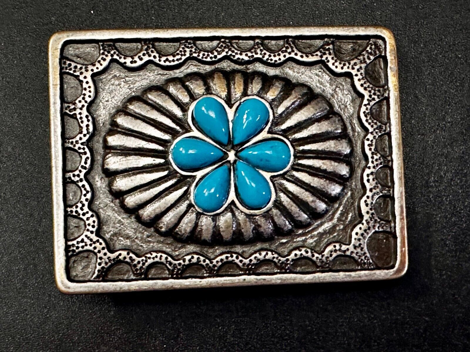 Turquoise Stone Center Floral Theme Native American Indian Style Belt Buckle