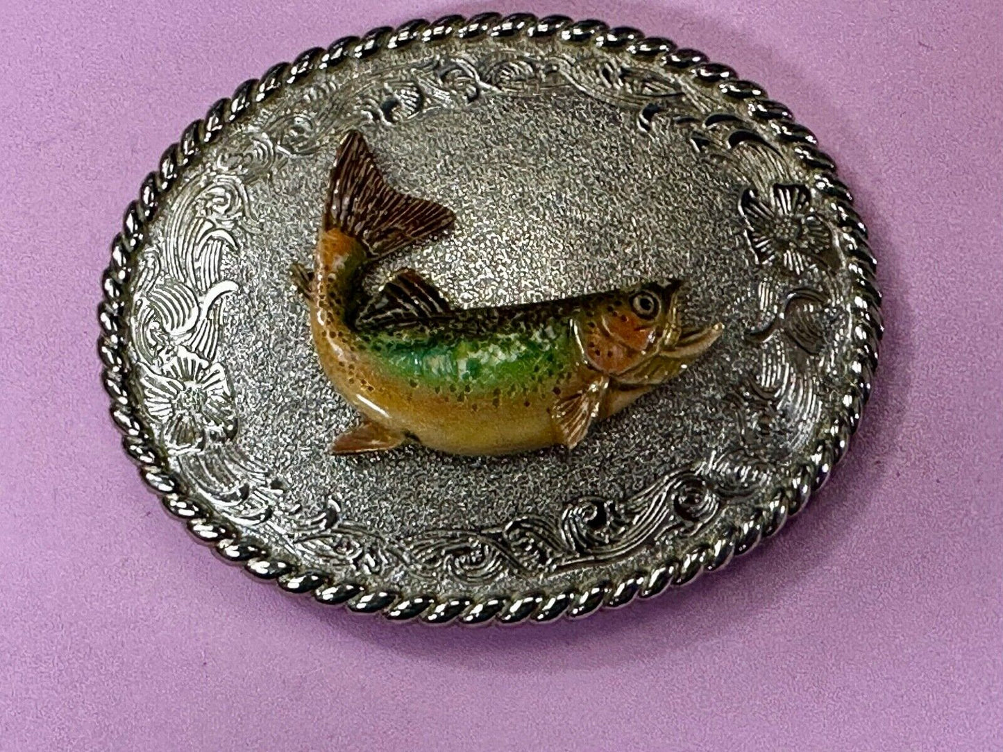 Trout Fish Fisherman Gift Vintage 1978 Oval Belt Buckle by Rain Tree