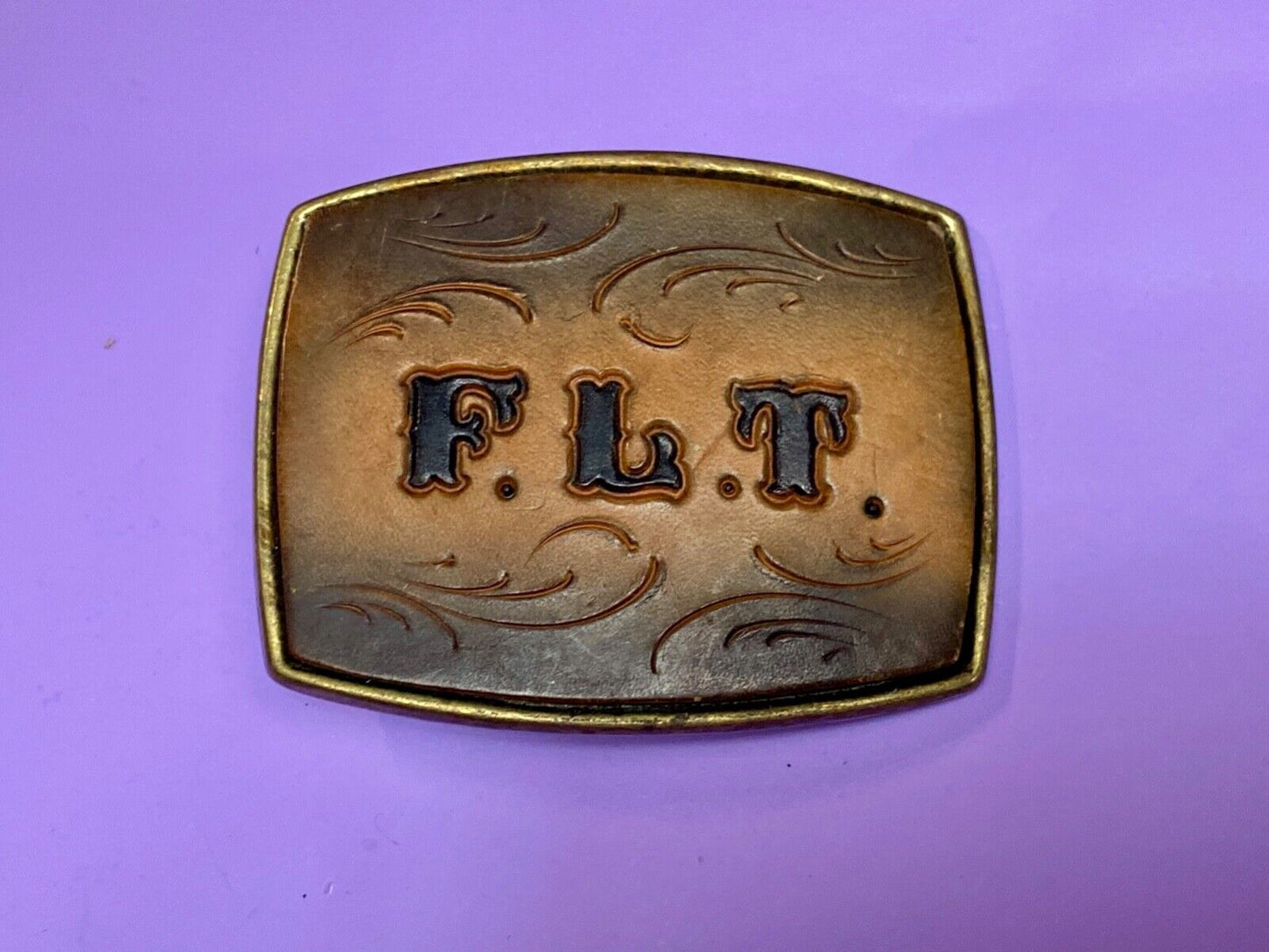 Vintage Initials Letters F. L. T.  leather and brass tone western belt buckle