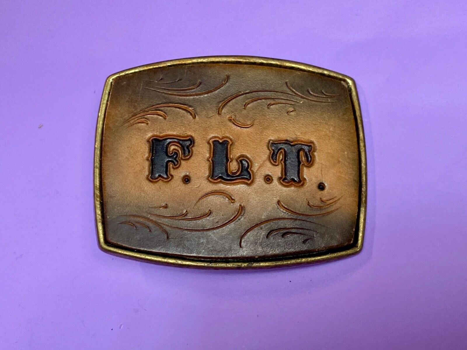 Vintage Initials Letters F. L. T.  leather and brass tone western belt buckle