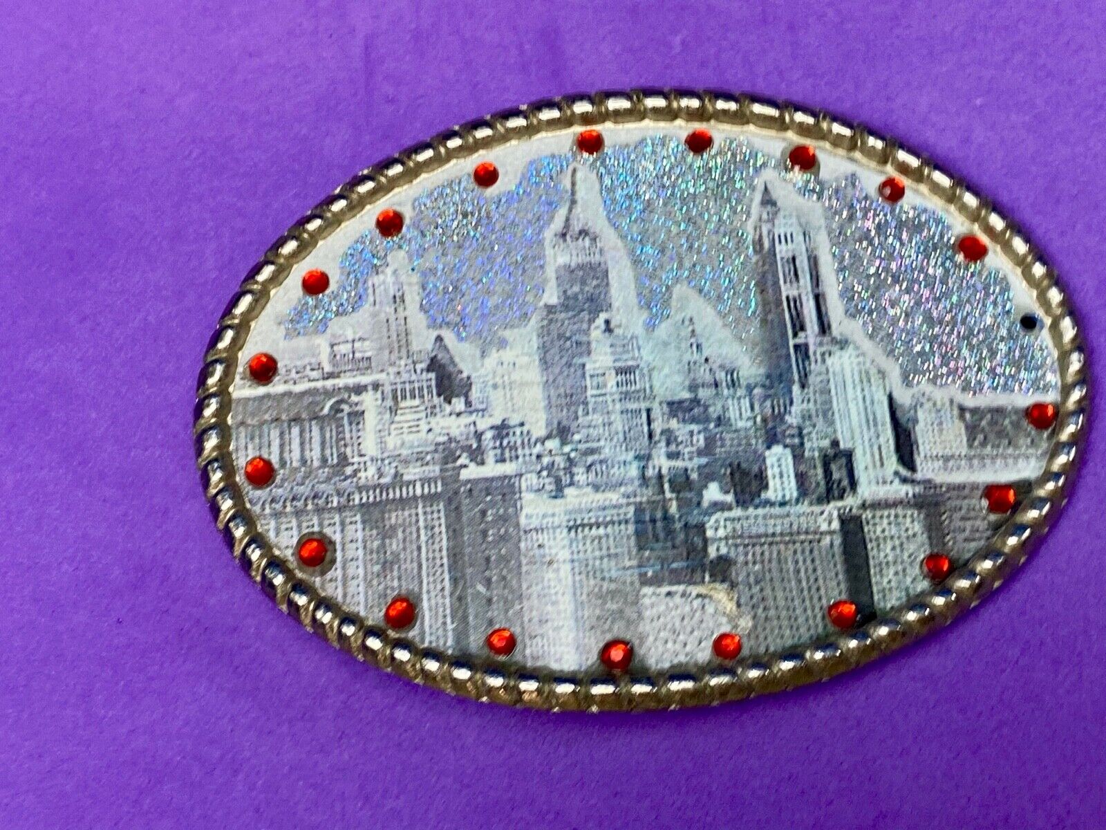 Black & White Cityscape Red Rhinestones Oval belt buckle