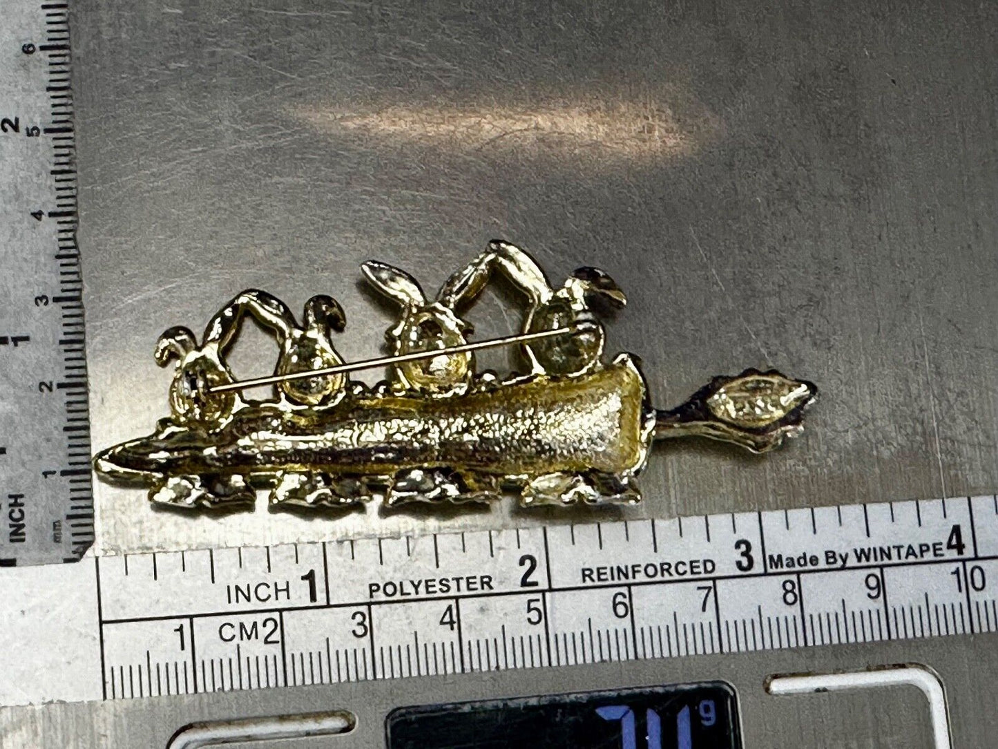 Adorable Bunny Rabbit Family Eating Carrot Gold Tone Pin Brooch Signed by AJC