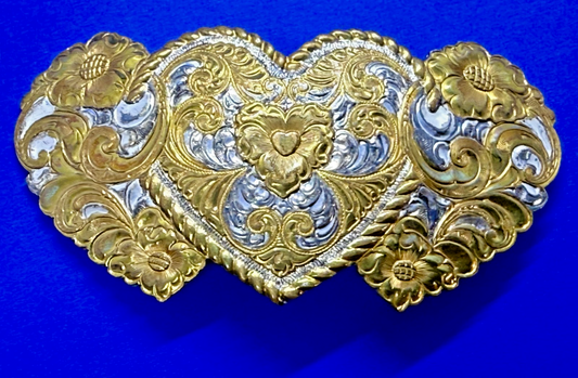 Triple Heart Shaped Heavy Silver Plate on Jewelers' Bronze Crumrine Belt Buckle
