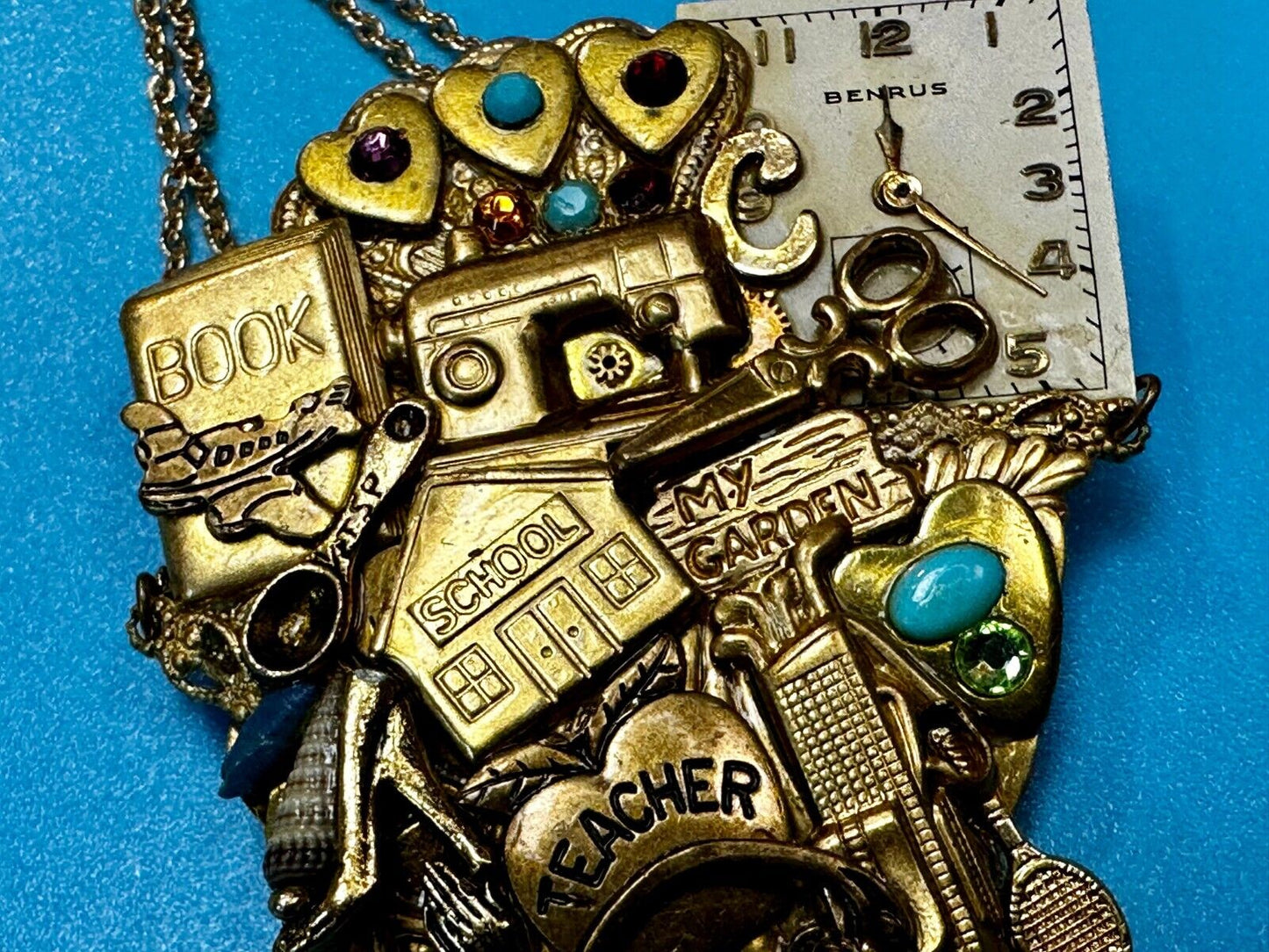 Teacher School Book My Garden Artisan Chain Charm Gold Tone Brooch Pin 2006