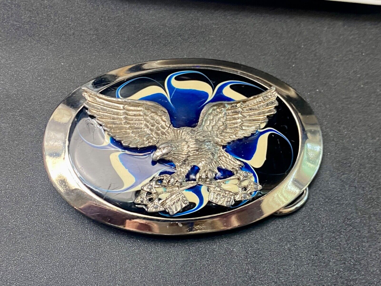 Vintage Eagle w/ arrows in claws western oval blue & cream enameled belt buckle