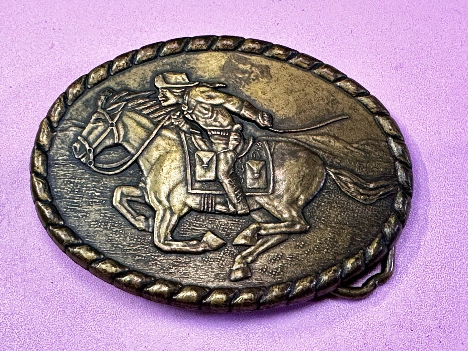 Vintage 1981 Pony Express Rider Mervyn's Commemorative Brass Tone Belt Buckle