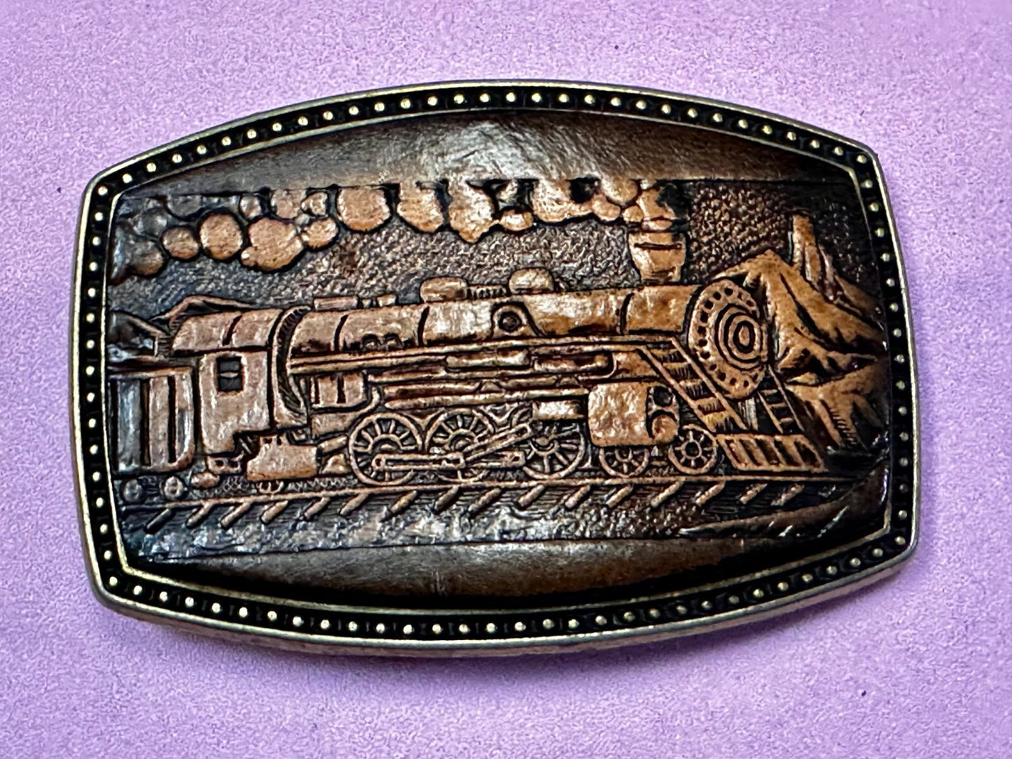 #4108 Train Locomotive Railroad Vtg. Leather on Metal Alumaline Belt Buckle