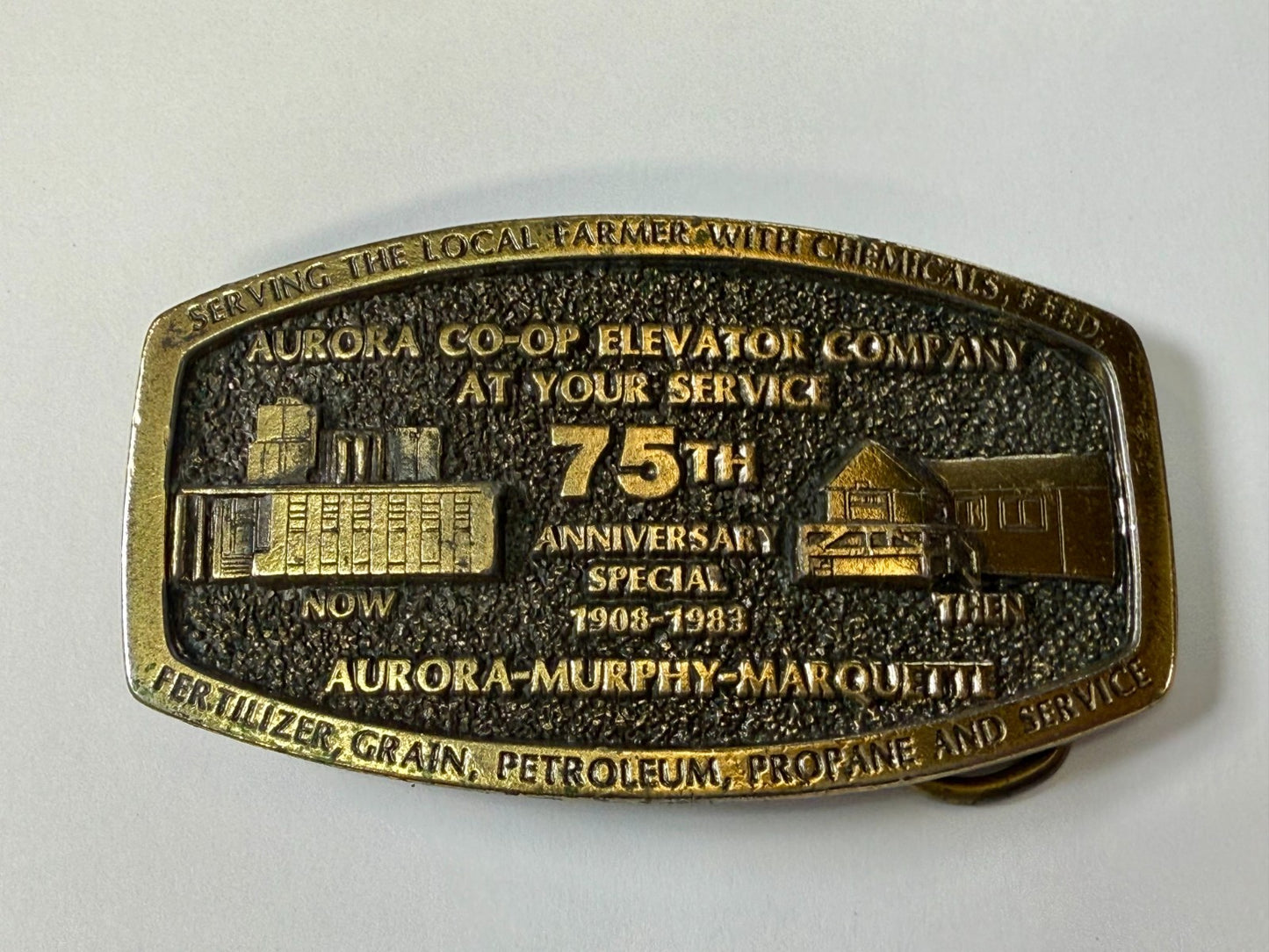 Aurora Co-Op Elevator Company at your Service 75th Anniversary Belt Buckle