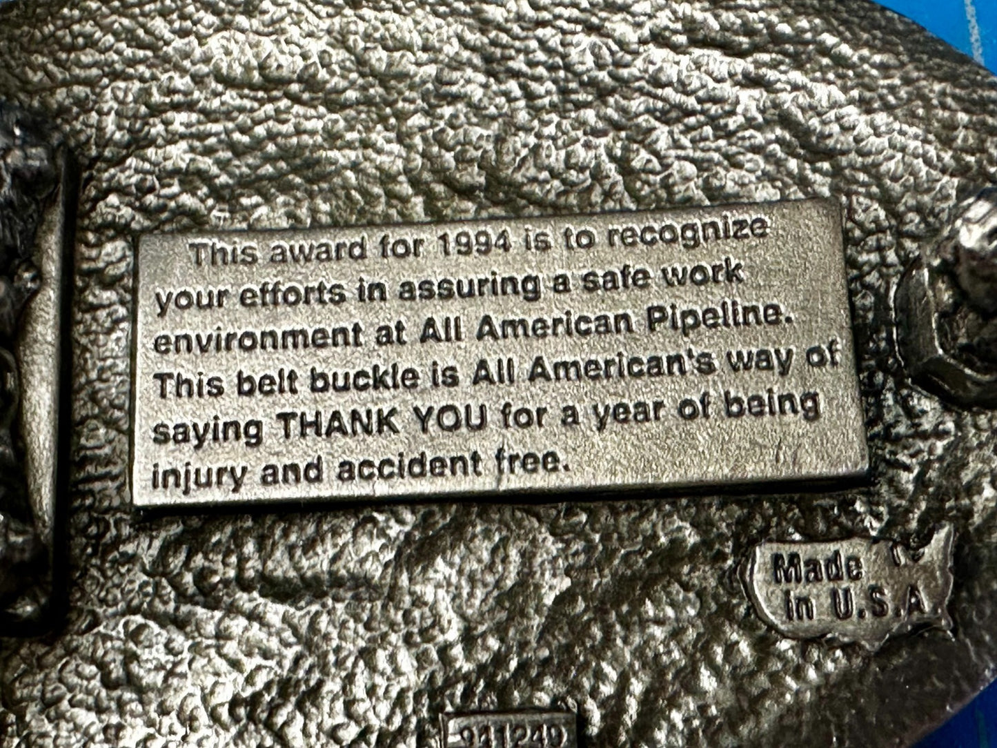 All American Pipeline Company Safety Award Worker Commemorative 1994 Belt Buckle