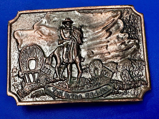 Tall in the Saddle Wagon Cowboy Horse Western Art Scene Vintage Belt Buckle