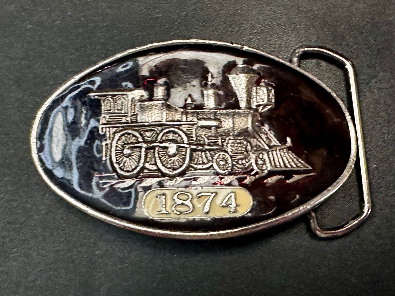 1874 Steam Engine Railroad Train Enameled Vintage Belt Buckle #171