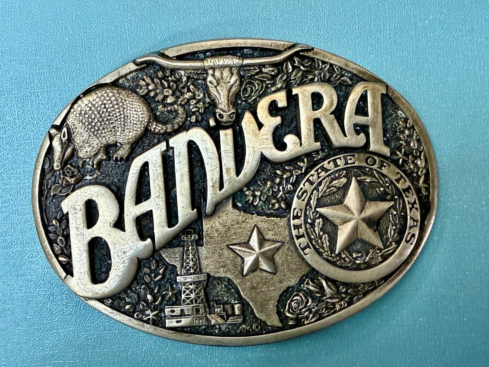 Bandera Texas State Seal , Oil, Star, Longhorn Vtg ADM Solid Brass Belt Buckle