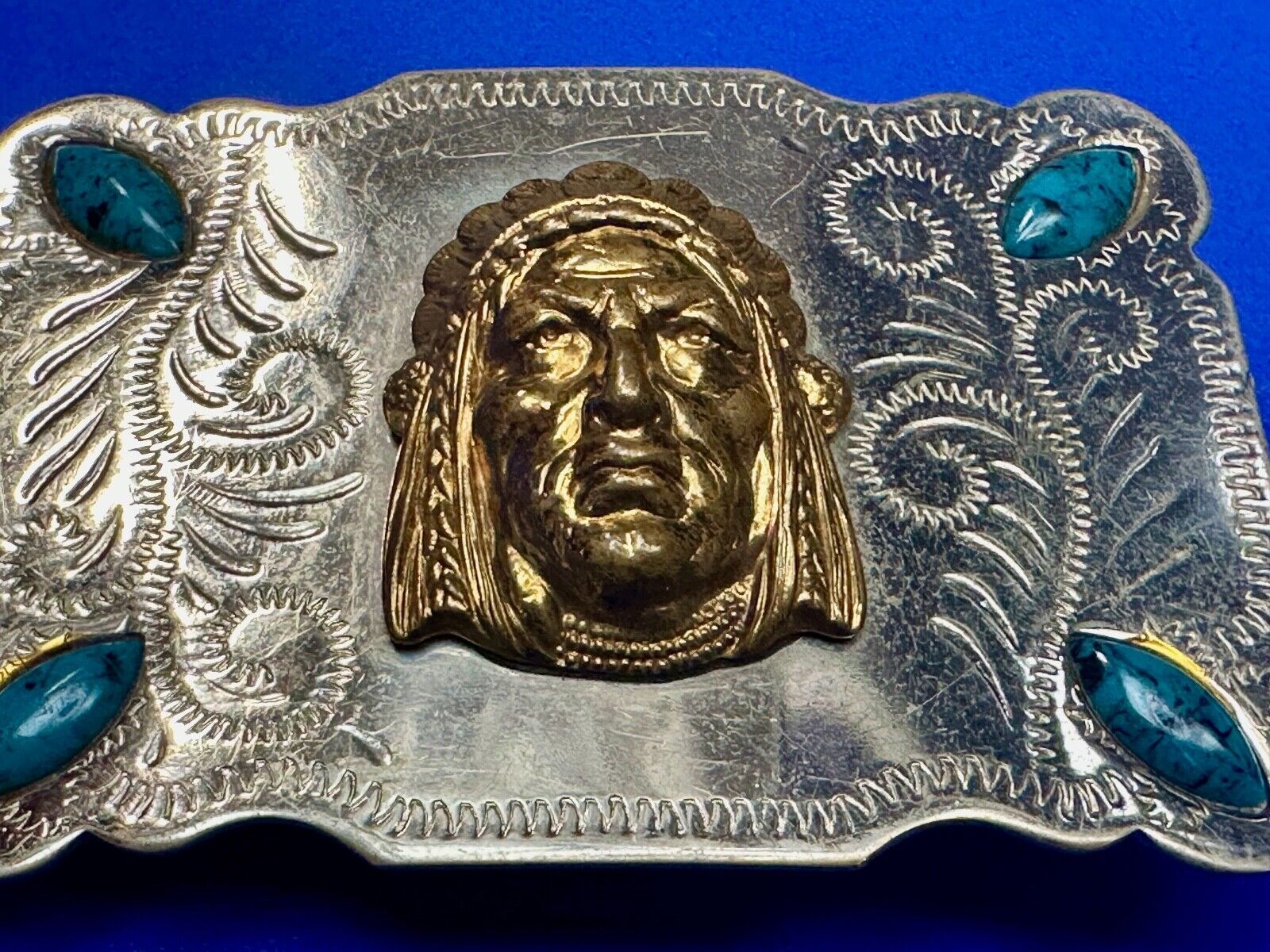 3D Native American Indian Chief & Turquoise stones Nickel Silver Vtg Belt Buckle