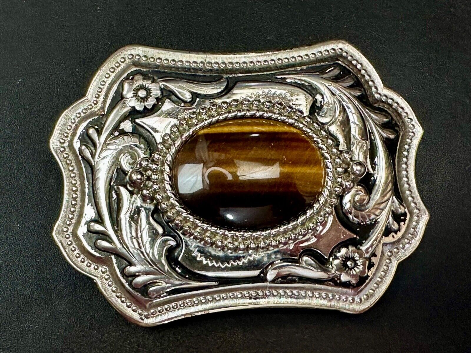 Tiger's Eye Vintage Horizontal Cabochon Cab Stone on Western Belt Buckle