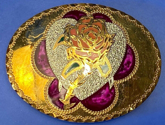 Beautiful Rose - S. O. Steele 1993 vintage inlaid artisan QUALITY  belt buckle