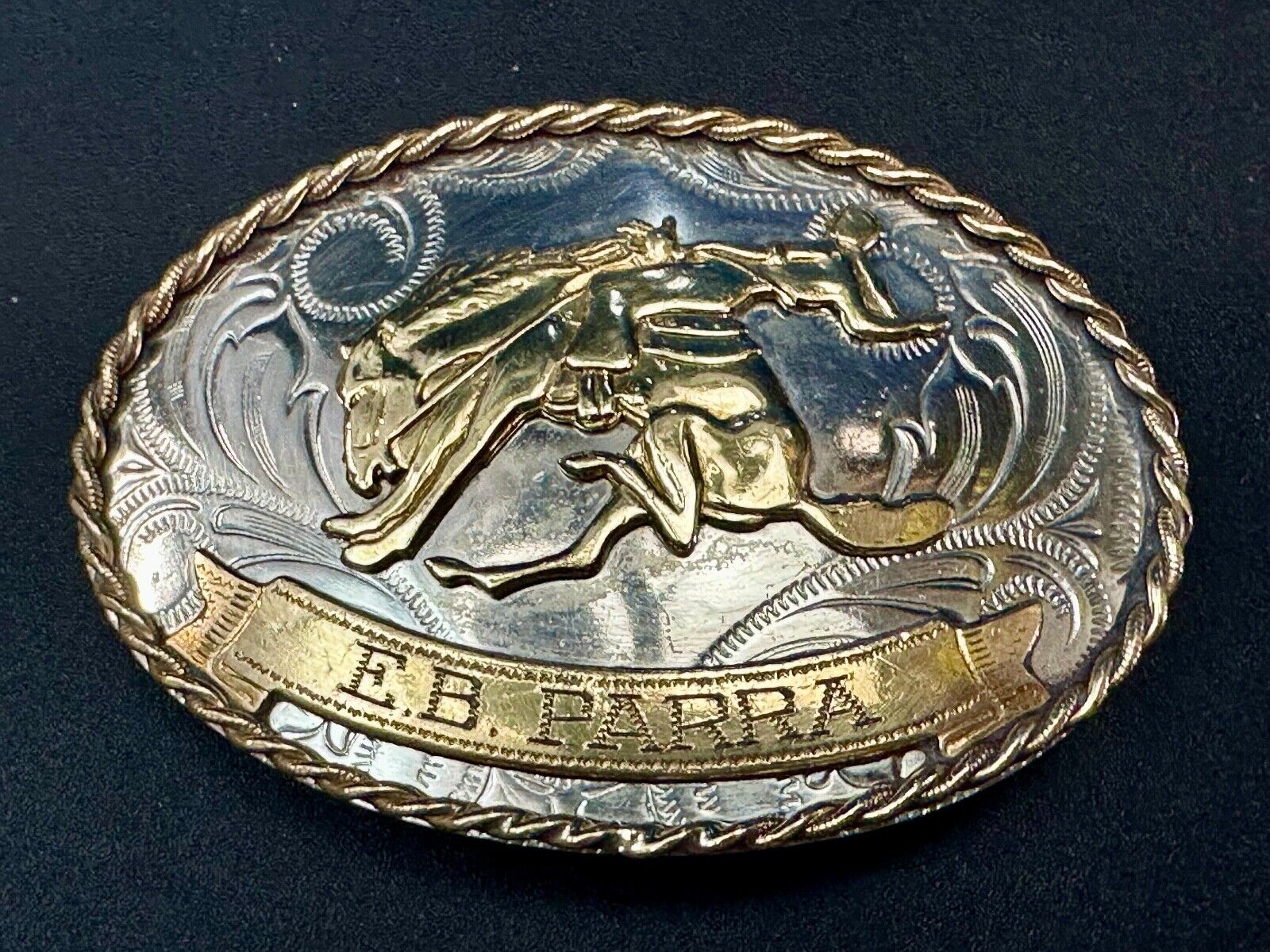 Vintage German Silver Bucking Saddle Bronc Western Cowboy Engraved belt buckle