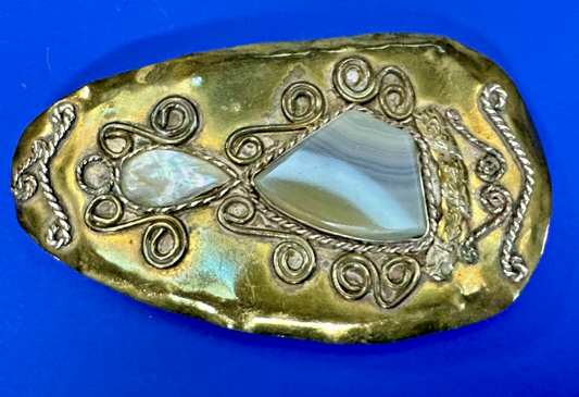 Artisan Mixed Stone Shell Art Nouveau Boho Brass Hippy Vibe Large Belt Buckle