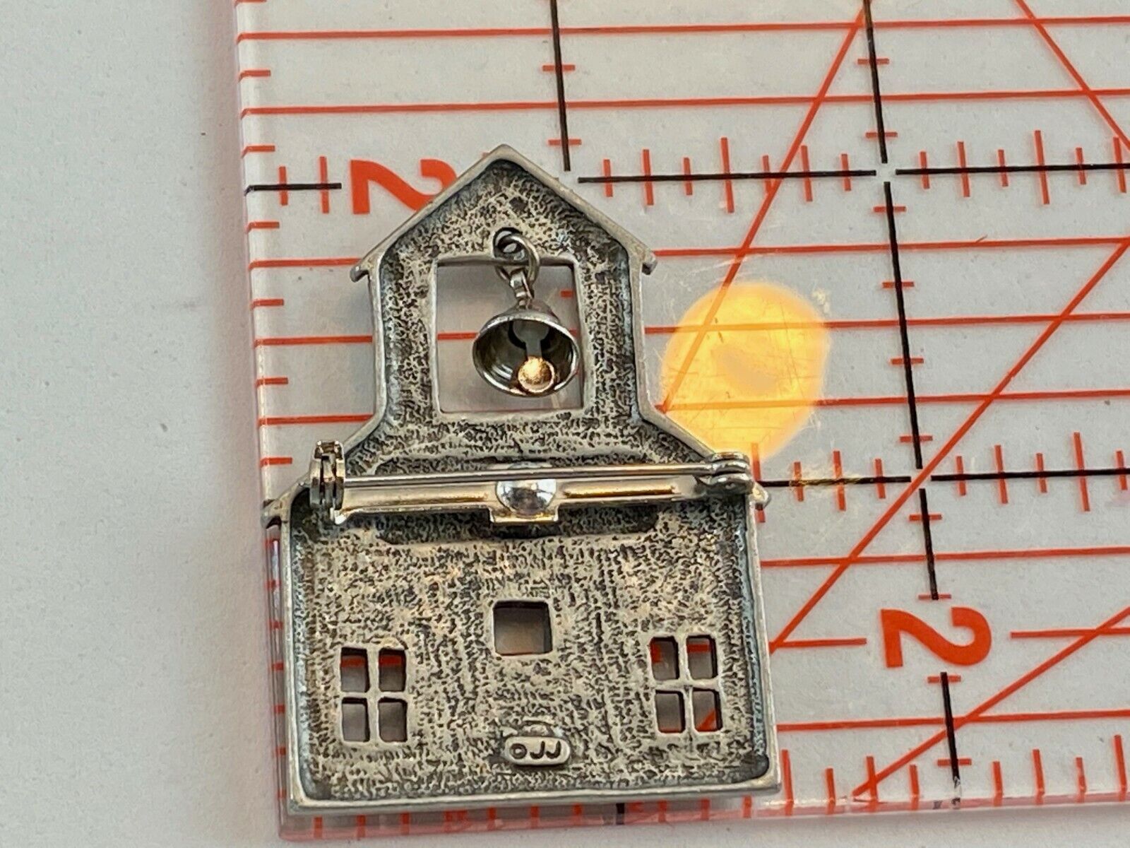 Vintage Jj Jonette Adorable Pewter School House With Moving Bell Brooch Pin