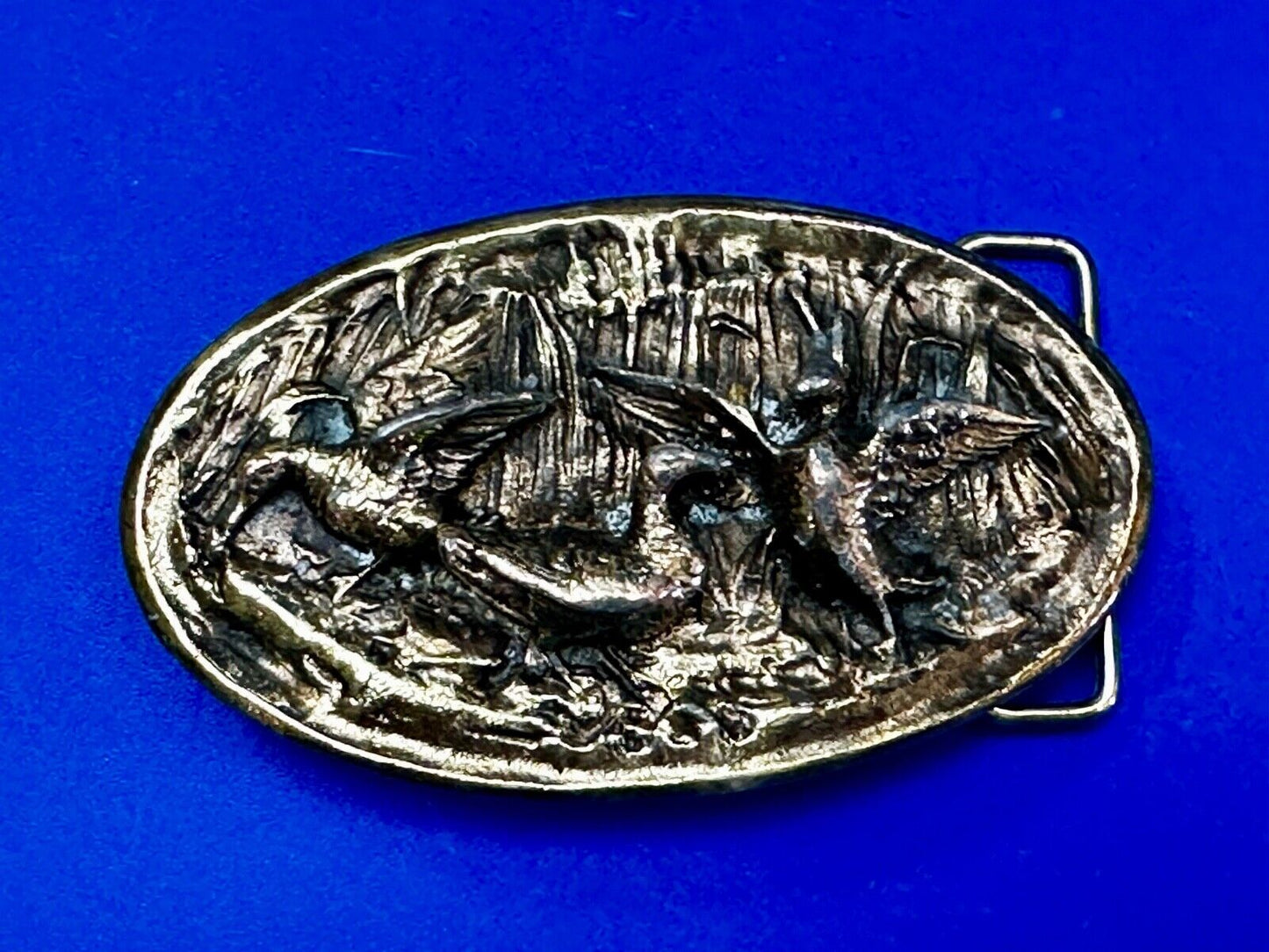 Two Ducks Frolicking In Pond Vintage 1970's Adezy Denver Belt Buckle