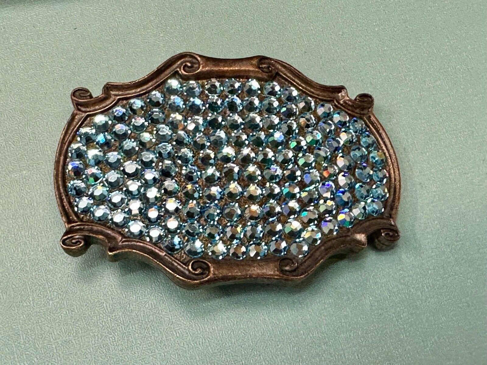 Vintage light blue rhinestone covered western framed belt buckle