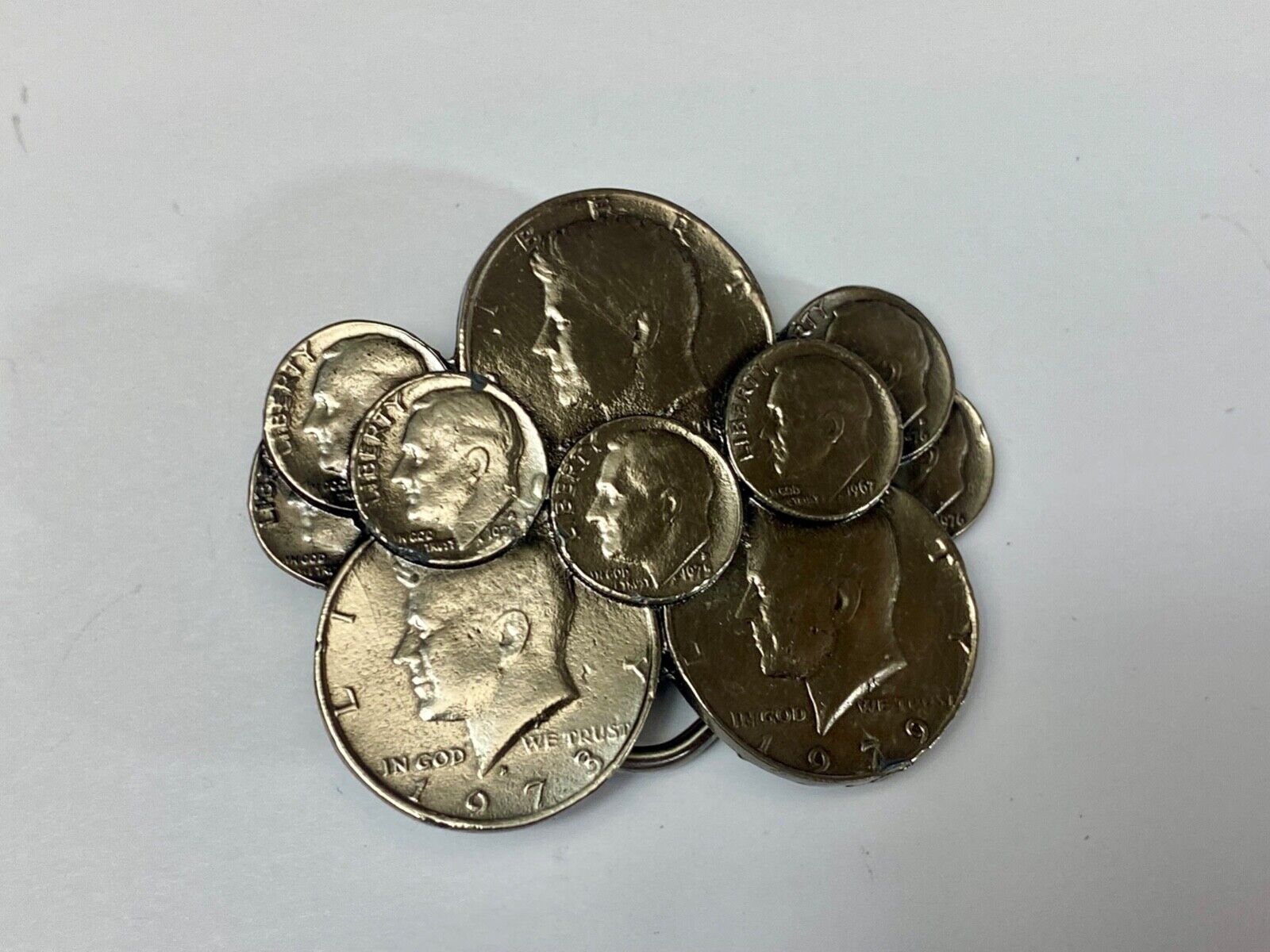 Vintage Coin Collectors Cluster figural 1979 Liberty JFK dimes belt buckle