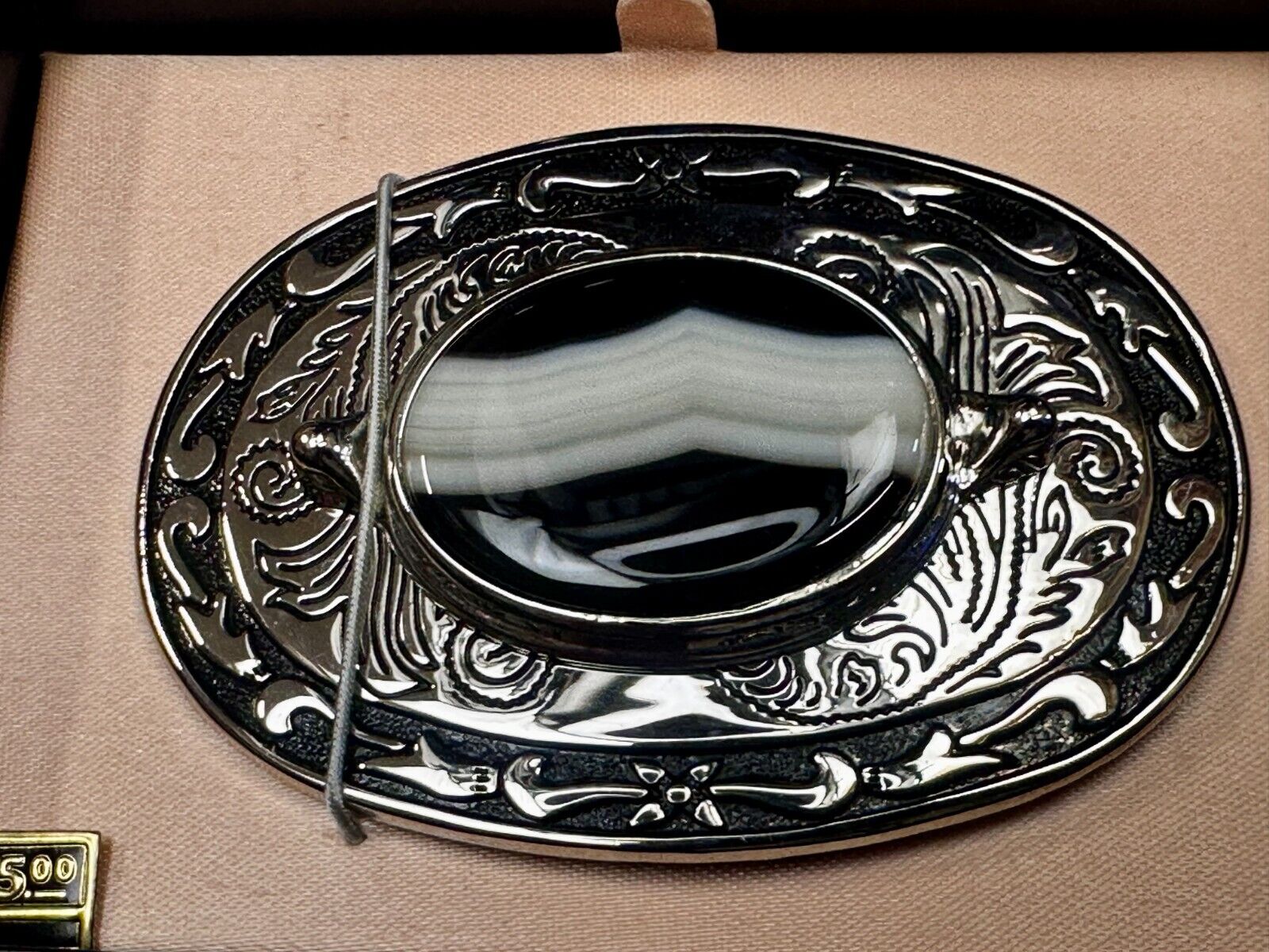 Black & White Onyx Cabochon Cab Stone Mounted In Vintage NOS Ornate Belt Buckle