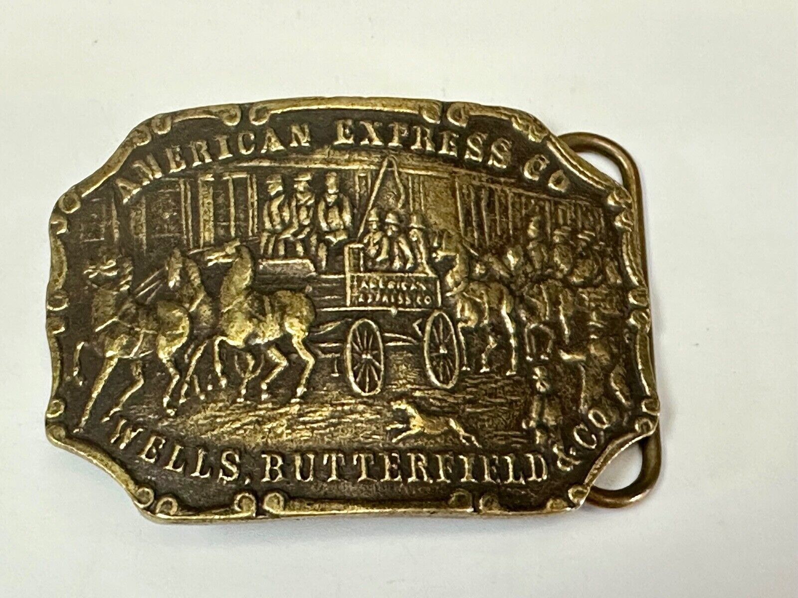 American Express Wells Butterfield stagecoach belt buckle - see back!