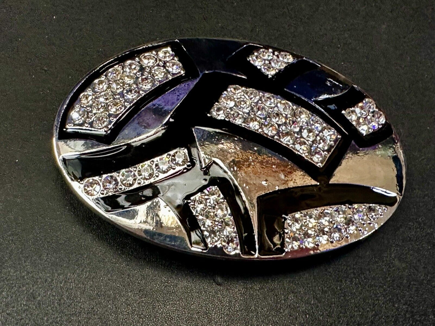 Unique Rhinestone Accented Black & Silver Tone Women's Oval Belt Buckle