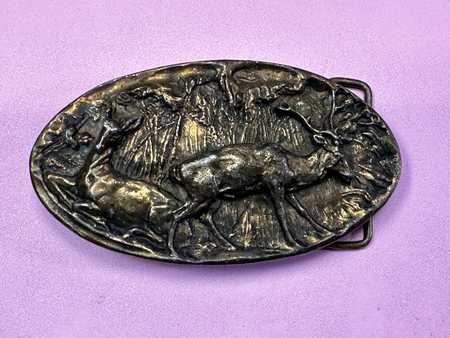 Vintage Deer in nature 1976 Adezy wide oval belt buckle