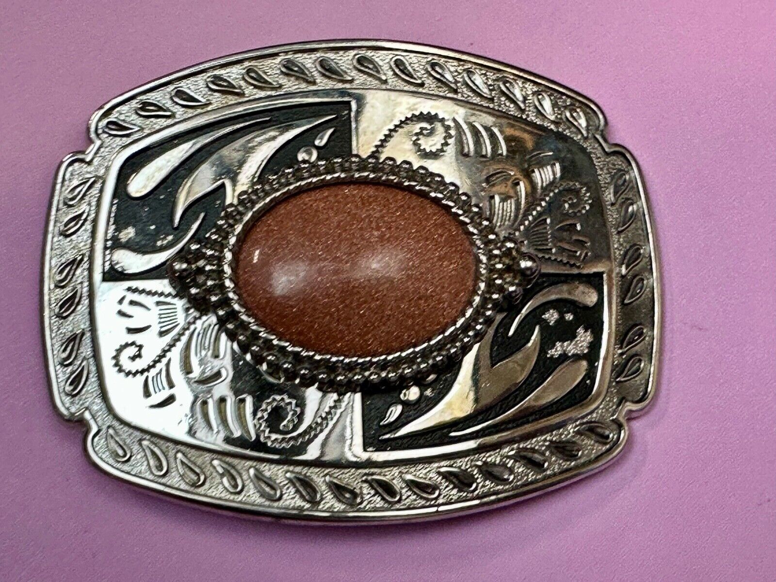 Vintage Goldstone Cabochon Cab Stone Centerpiece on Western Belt Buckle