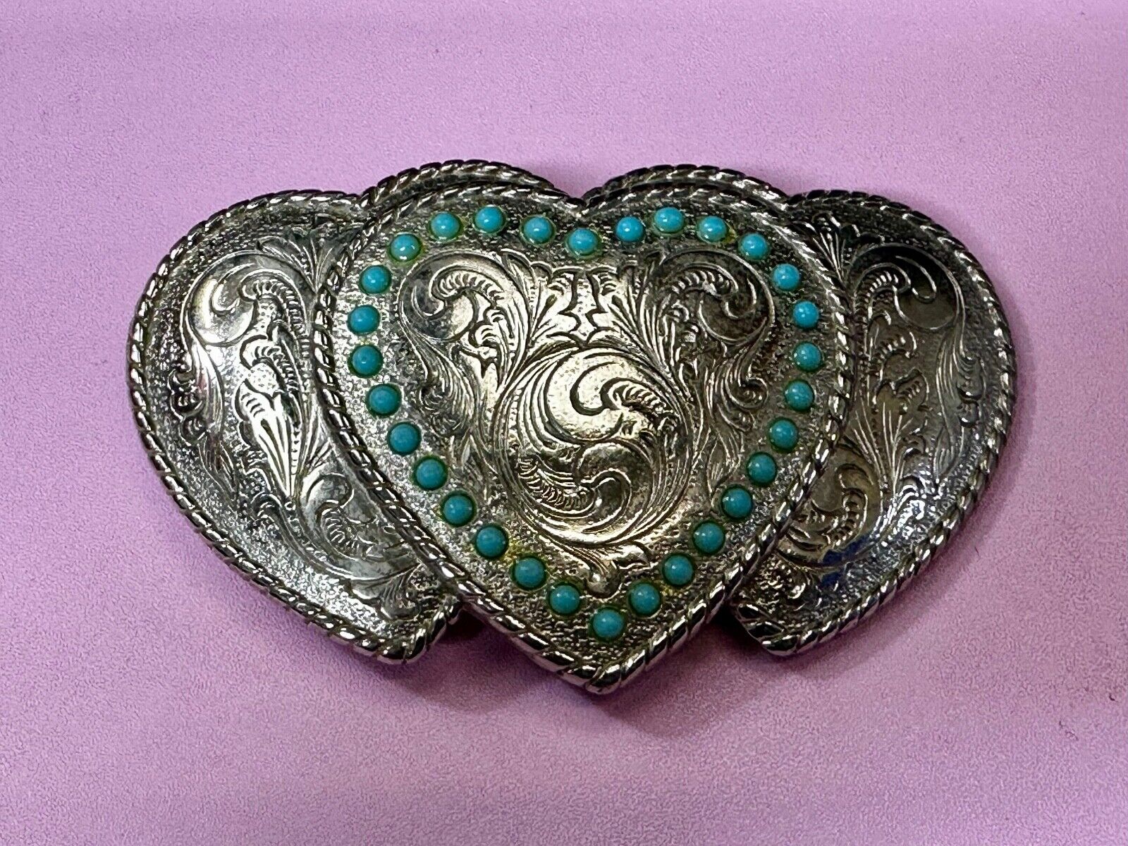 Triple 3 Hearts - Turquoise Colored Accented Or Outlined Three Heart Belt Buckle